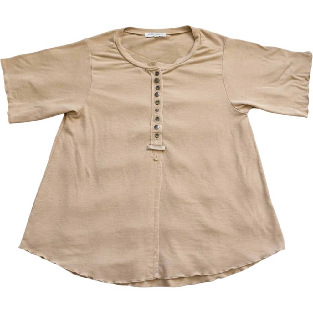 Hope Ave Womens Tan Beige Short Sleeve Henley‎ Button Front Knit Top Size Large